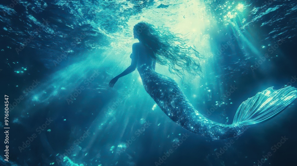 Fototapeta premium ethereal underwater scene with luminescent mermaid shimmering scales flowing hair and dappled sunlight create magical otherworldly atmosphere