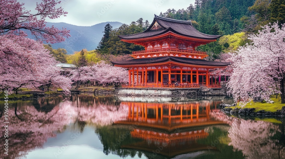 Fototapeta premium Traditional Japanese temple surrounded by cherry blossom trees. Japanese temple wallpaper