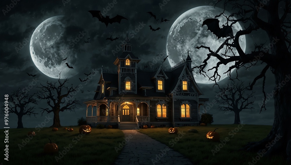 3D render of a Halloween-themed haunted house at night with a large moon. 3D render of a Halloween-themed haunted house at night with a large moon.