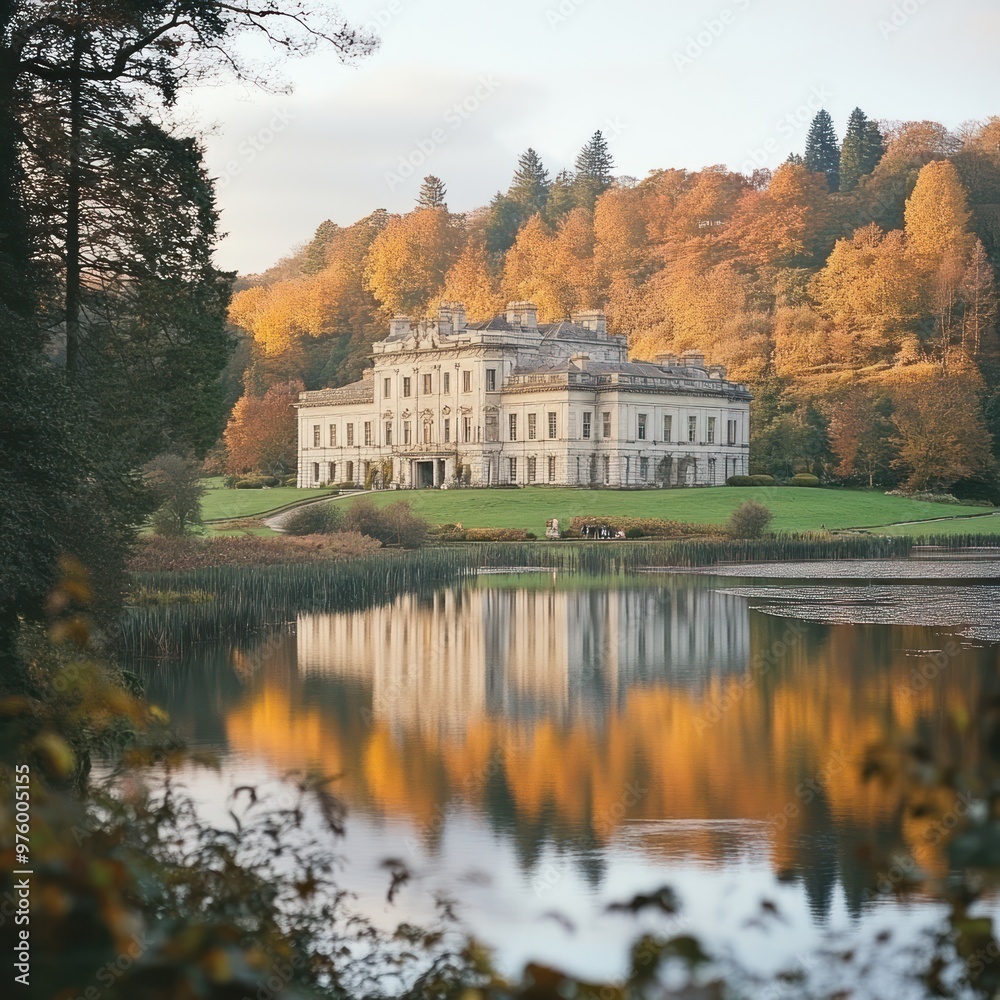 A Classic White Mansion Reflecting in a Calm Autumn Lake A Classic White Mansion Reflecting in a Calm Autumn Lake