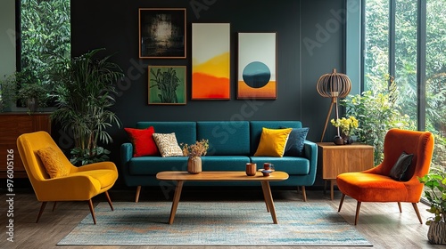 46. A mid-century modern living room with sleek furniture, vintage decor, and a bold color palette, creating a timeless retro aesthetic