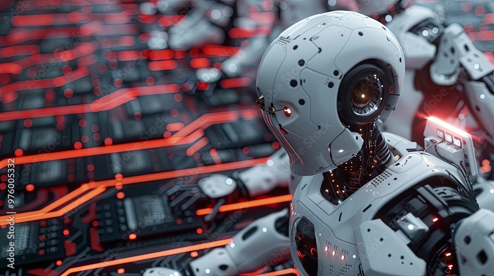 Close-up of a white robotic head with red lights against a futuristic background. Close-up of a white robotic head with red lights against a futuristic background.