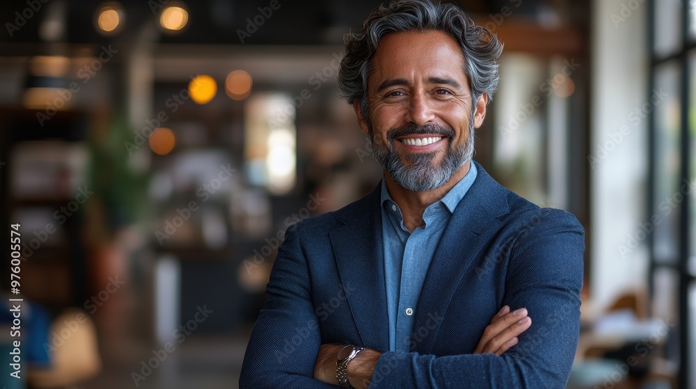 Fototapeta premium Handsome hispanic senior business man with crossed arms smiling at camera. Indian or latin confident mature good looking middle age leader male businessman on blur office background with copy space.