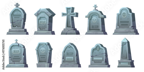 Stone tombstones. Ancient halloween cemetery gravestones and grave crosses, cartoon crypts, memorials with rip signatures, spooky mystery monument, funeral tidy vector isolated mausoleum set