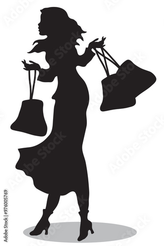 Black silhouette of a woman on a white background in shopping on a windy day