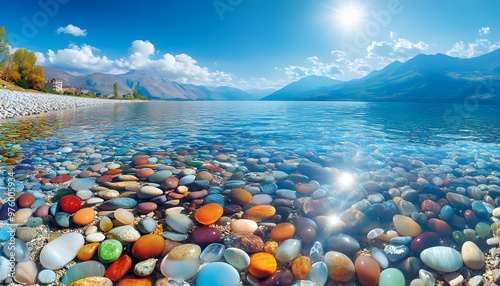 The sea is full of colorful pebbles, and the pebble beach on both sides is covered with many colored glass stones