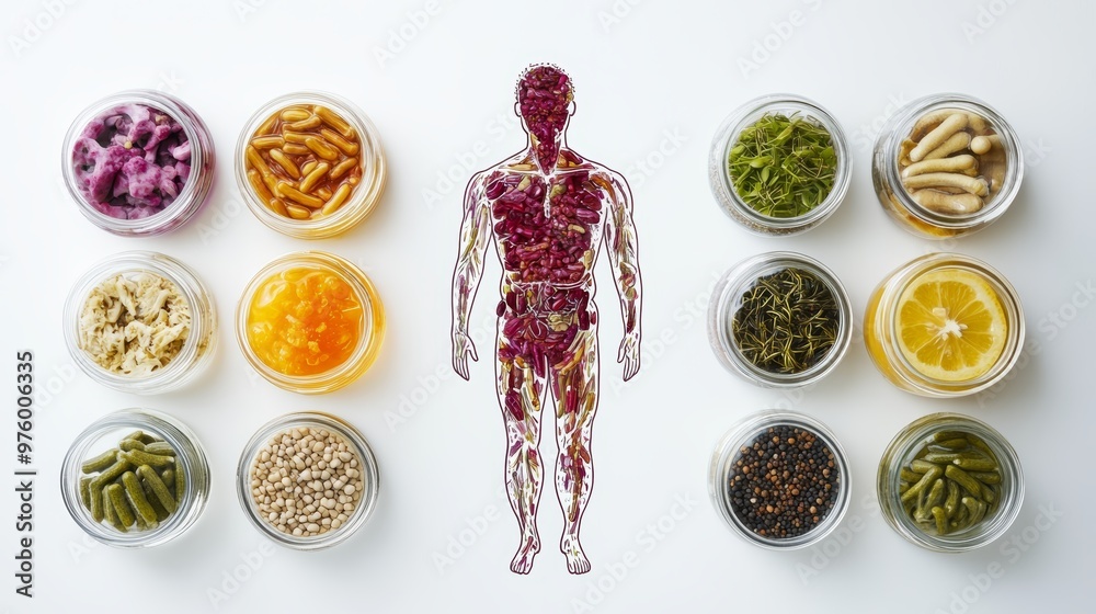 Illustration of the human body surrounded by various healthy foods in jars, emphasizing nutrition and wellness. Illustration of the human body surrounded by various healthy foods in jars, emphasizing nutrition and wellness.