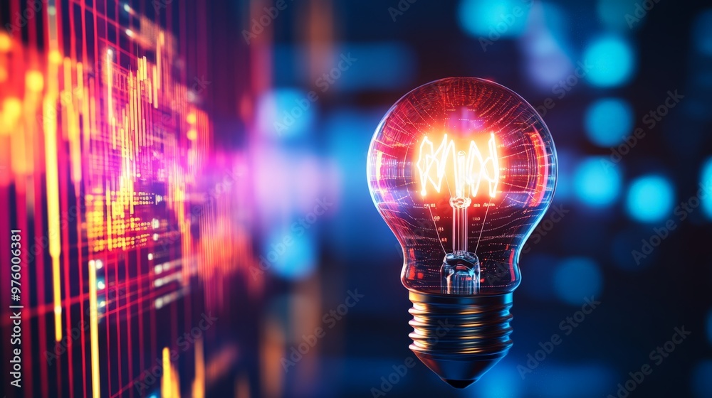 A glowing light bulb with a blurred background of colorful graphs and lights, symbolizing innovation and technology. A glowing light bulb with a blurred background of colorful graphs and lights, symbolizing innovation and technology.