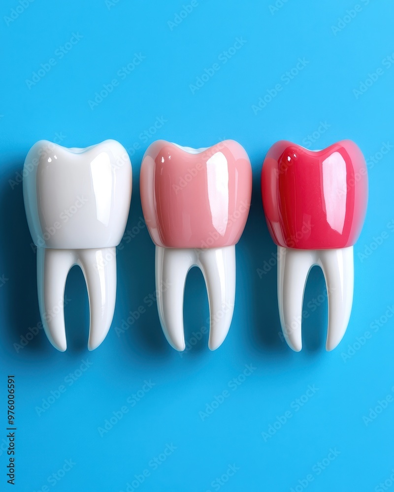 Dental Crowns Comparison White Pink Red Tooth Models on Blue Background Dental Crowns Comparison White Pink Red Tooth Models on Blue Background