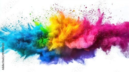 explosive burst of vibrant neon holi powder creating a mesmerizing cloud of swirling colors against a stark white background frozen in time