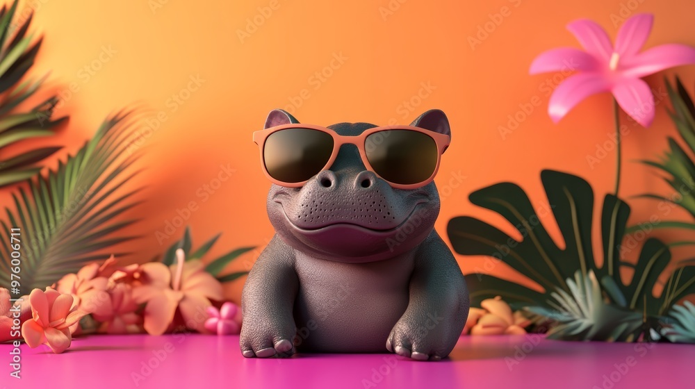 A cheerful hippo figurine wearing sunglasses, surrounded by vibrant flowers and tropical leaves, perfect for a fun summer vibe. A cheerful hippo figurine wearing sunglasses, surrounded by vibrant flowers and tropical leaves, perfect for a fun summer vibe.