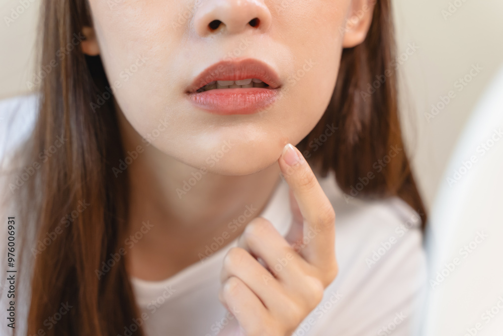 skin problem treatment. Women looking acne on her face in the mirror. skin problem treatment. Women looking acne on her face in the mirror.