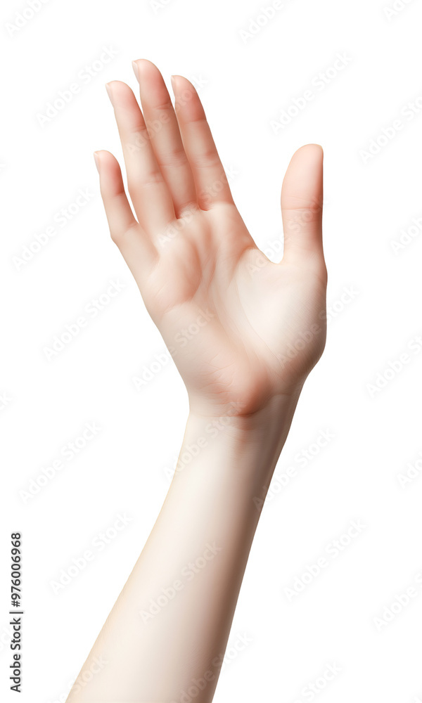 Female hand with raised palm, smooth skin, elegant gesture, and natural beauty, Cutout, Isolated on White Background Female hand with raised palm, smooth skin, elegant gesture, and natural beauty, Cutout, Isolated on White Background