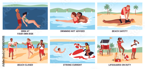 Sea lifeguards cards. Beach rescuers duties, pulling drowning people, first aid, tracking floating people and water surface, professional emergency characters, cartoon flat tidy vector set
