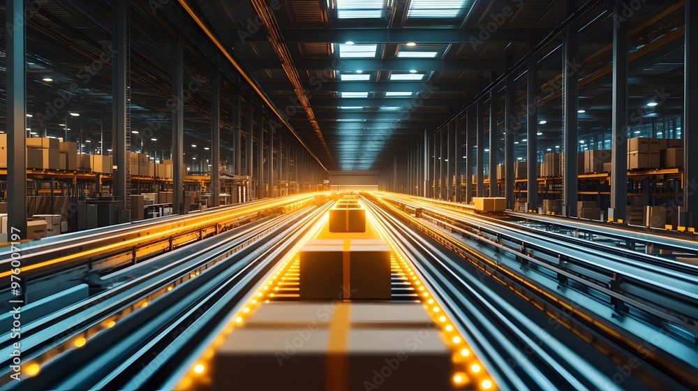 Fototapeta premium A photograph of an advanced warehouse facility showcasing an efficient and automated logistics infrastructure. The image depicts a vast.
