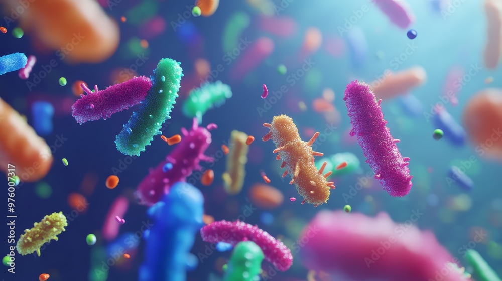 Colorful bacterium floating in microscopic view, showcasing vibrant hues and intricate details of microbial life. Colorful bacterium floating in microscopic view, showcasing vibrant hues and intricate details of microbial life.