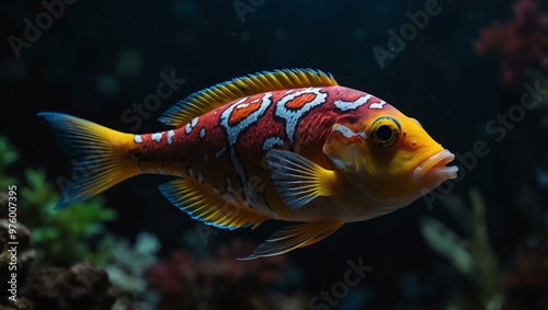 A close-up shot of an exotic fish swimming in a dark aquarium, highlighting its vivid colors and unique patterns.