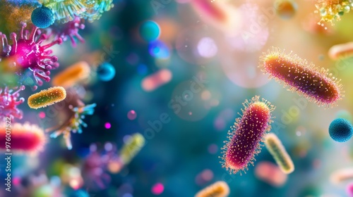 Colorful microscopic view of bacteria and microorganisms in a vibrant environment, showcasing their diverse shapes and structures. photo