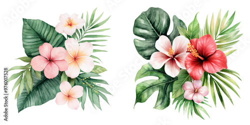 Tropical Spring Floral Watercolor, vibrant blooms and lush foliage on a transparent backdrop, perfect for greeting and wedding card designs, evoking joy and celebration.