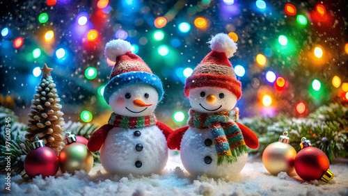 Image shows two snowmen with carrot noses, wearing red hats and green scarves, standing next to a small Christmas tree and ornaments. There are multicolored bokeh lights in the background.