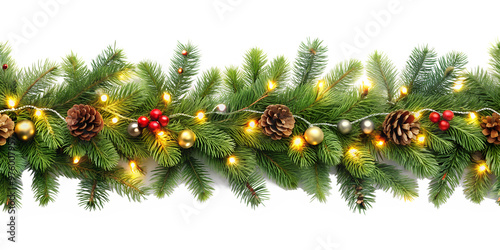 The image shows a festive Christmas garland of green pine branches without background, decorated with cones, red berries and golden balls. Small lights glow between the branches.