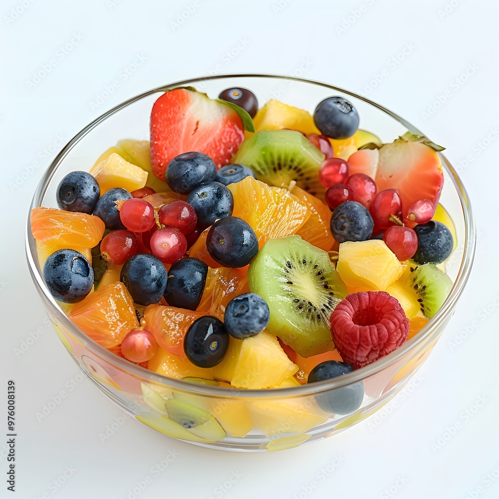 A Bowl of Fresh Fruit Salad with Strawberries, Kiwi, and Blueberries. A Bowl of Fresh Fruit Salad with Strawberries, Kiwi, and Blueberries.