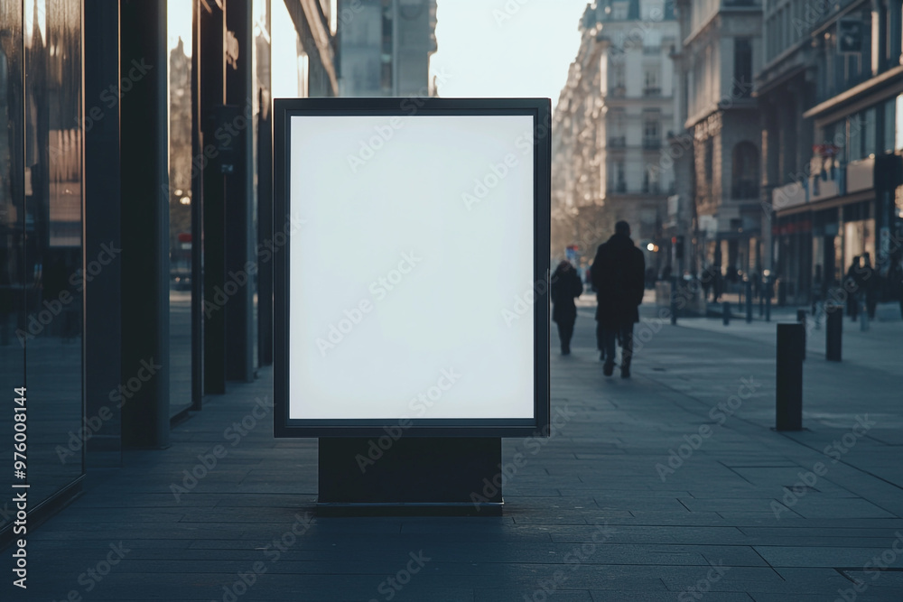 A blank white vertical billboard stands in the middle of an empty street, next to buildings and shops. The setting is urban, with people walking around, creating a lively atmosphere. A blank white vertical billboard stands in the middle of an empty street, next to buildings and shops. The setting is urban, with people walking around, creating a lively atmosphere.