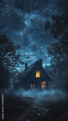 Mystical Forest Cottage Under Starry Sky - Enchanting Night Scene.