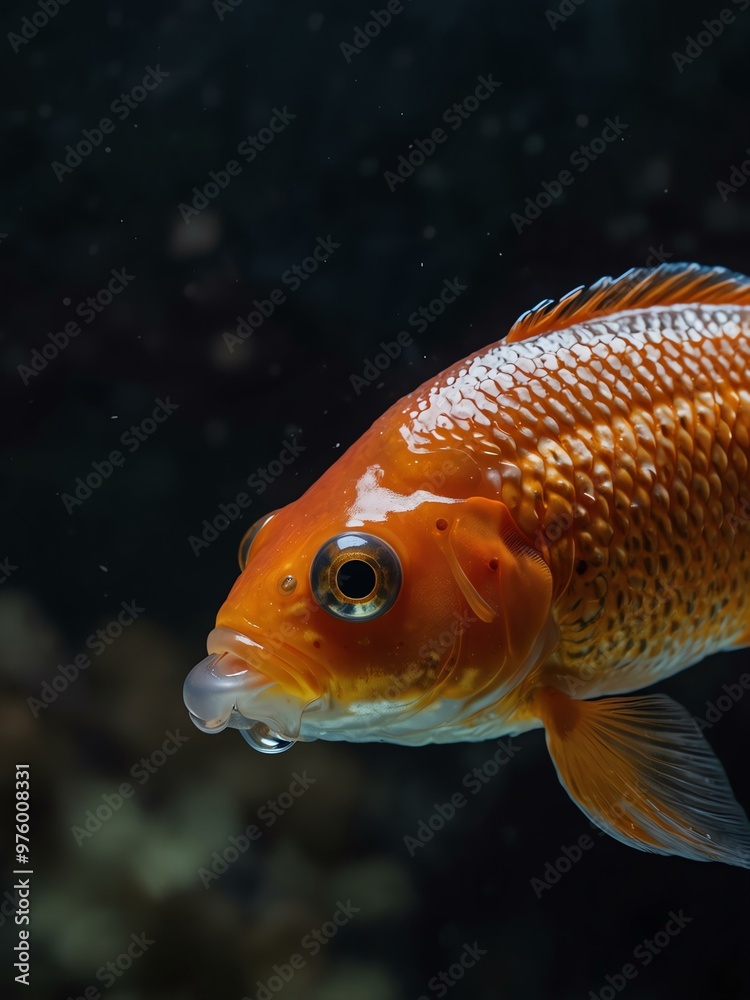 A goldfish swimming in a dark aquarium, with a close-up shot focusing on its shimmering scales and graceful form. A goldfish swimming in a dark aquarium, with a close-up shot focusing on its shimmering scales and graceful form.