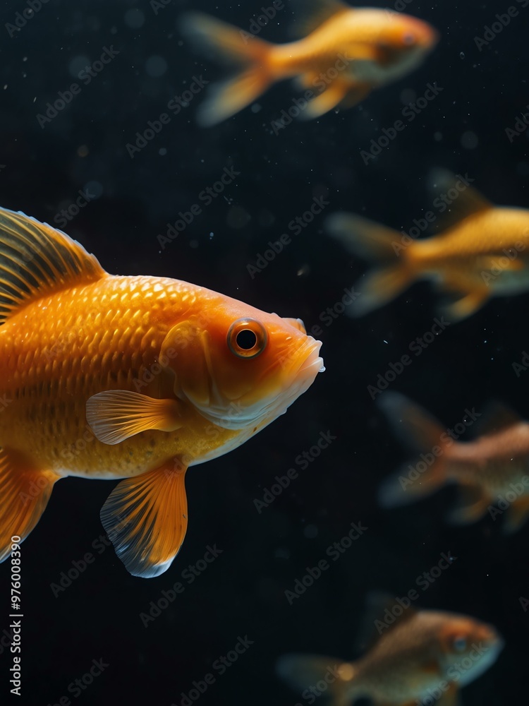 A goldfish swimming in a dark aquarium, with a close-up shot focusing on its shimmering scales and graceful form. A goldfish swimming in a dark aquarium, with a close-up shot focusing on its shimmering scales and graceful form.
