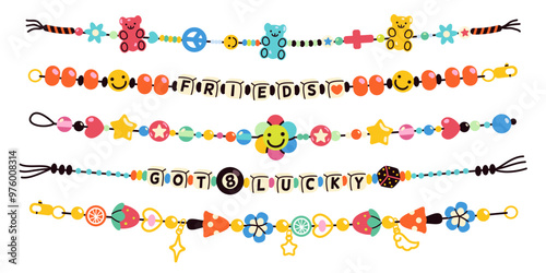 Plastic kids bracelets. Colorful cute beads and handicraft accessories, friendship funky jewelry, letters, stars and hearts, girls bijouterie, cartoon flat style isolated tidy vector set
