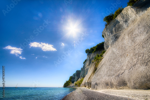 Summer at the White Cliffs of Møns Klint, at «Dronningstolen», in the Danish Part of the Baltic Sea photo