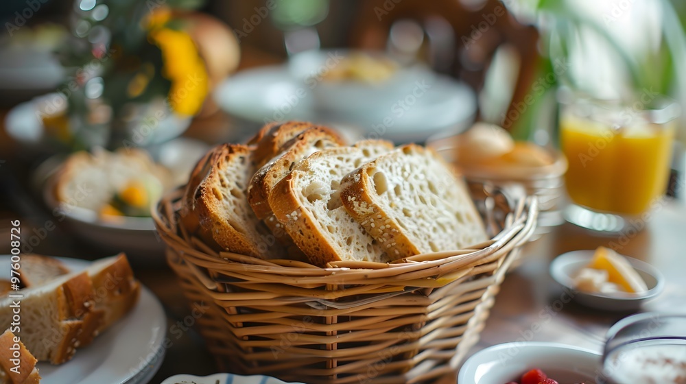Sliced Bread in Wicker Basket on Tabletop. Sliced Bread in Wicker Basket on Tabletop.
