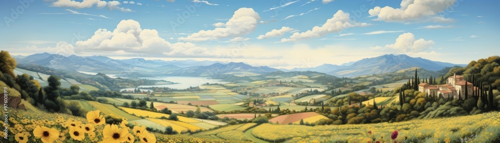 A festive illustration of a hillside vineyard in full bloom under a sunny sky A festive illustration of a hillside vineyard in full bloom under a sunny sky