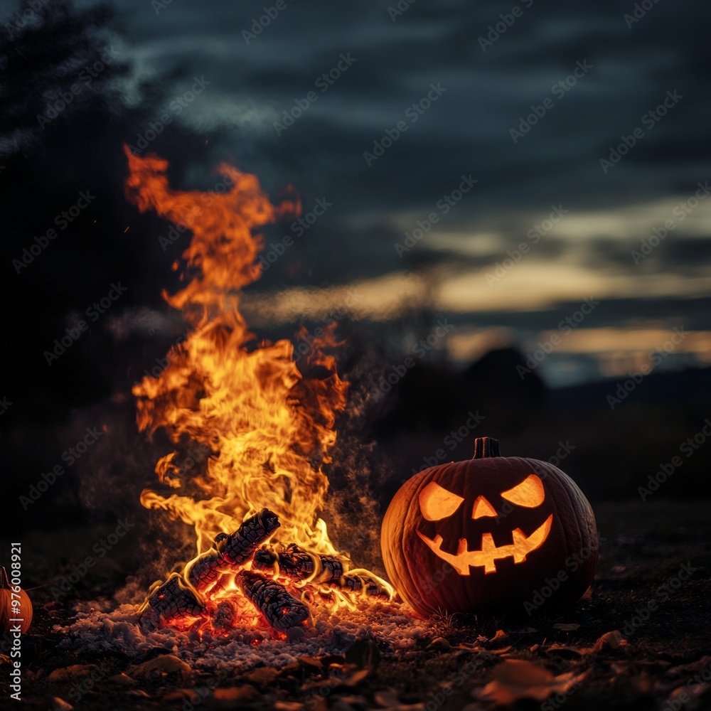 Halloween bonfire gathering, friends sharing spooky tales, glowing flames illuminating faces, autumn leaves surrounding, creating a warm, festive atmosphere under a starry sky Halloween bonfire gathering, friends sharing spooky tales, glowing flames illuminating faces, autumn leaves surrounding, creating a warm, festive atmosphere under a starry sky
