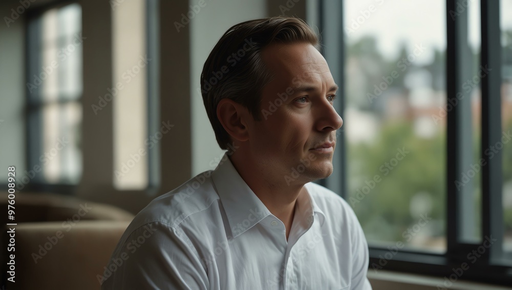 A man in a white shirt contemplates life while sitting by a window. A man in a white shirt contemplates life while sitting by a window.