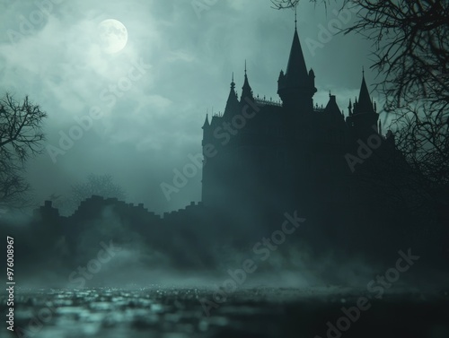 Eerie Castle Silhouette Under a Full Moon, Mysterious Fog