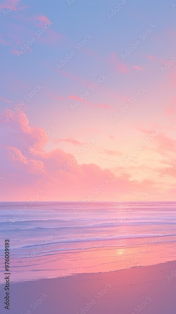 Serene pastel beach with calm waters reflecting a glowing sunset sky and soft sands glowing in the light Serene pastel beach with calm waters reflecting a glowing sunset sky and soft sands glowing in the light