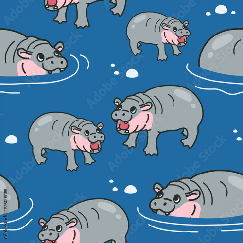 Pygmy hippopotamus seamless pattern background vector design. Cute hippos swimming