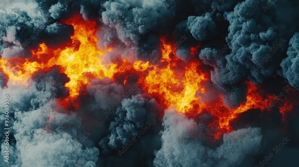 Obraz premium A close up of a massive fire with billowing black smoke filling the air.