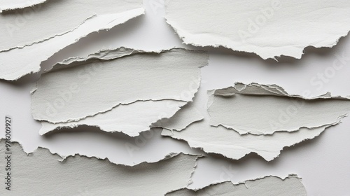 A close-up shot of torn white paper on a white background. The paper has rough, jagged edges and is arranged in a random pattern.