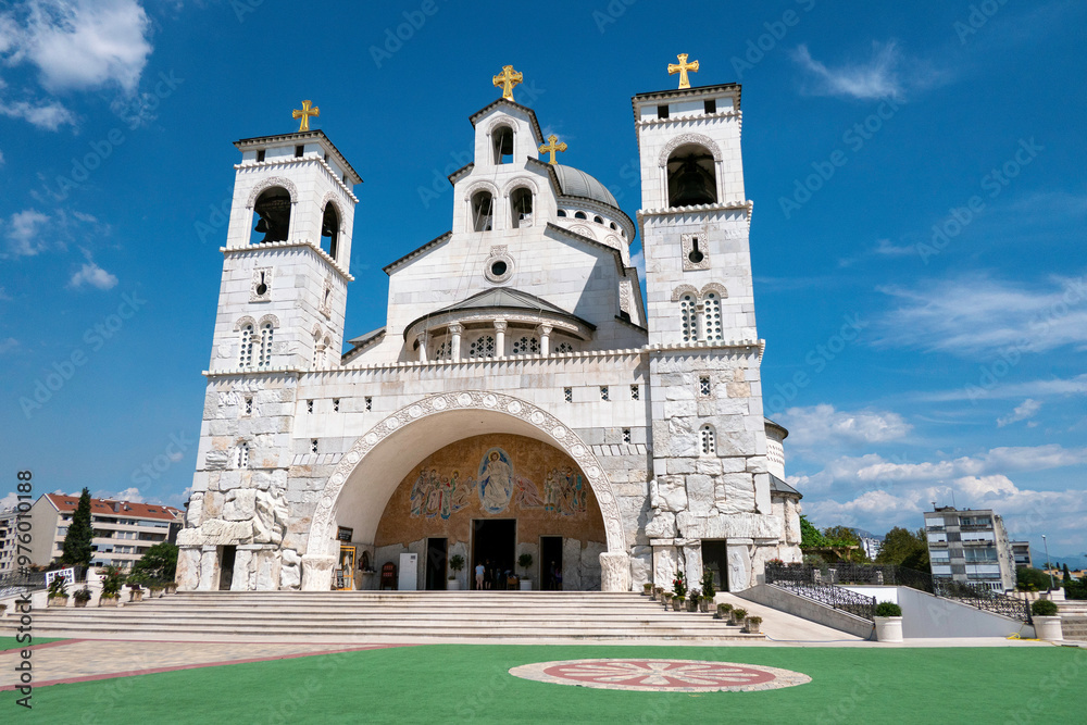 Obraz premium Podgorica, Montenegro, August 5, 2024. Facade of the Cathedral of the Resurrection of Christ.