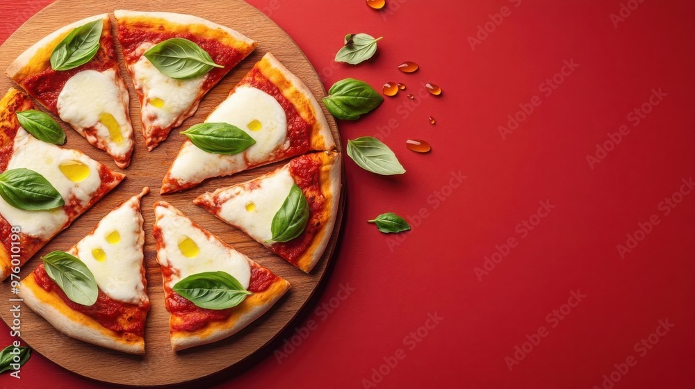 Delicious pizza topped with fresh basil and mozzarella cheese, served on a wooden board against a vibrant red background. Delicious pizza topped with fresh basil and mozzarella cheese, served on a wooden board against a vibrant red background.