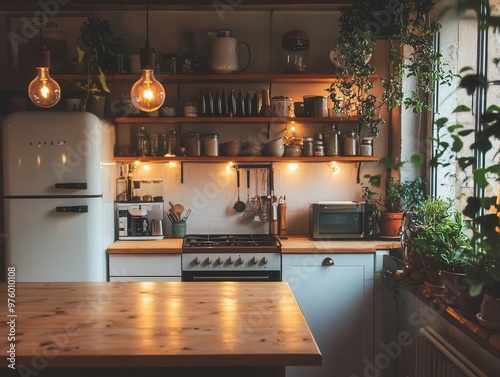 cozy kitchen interior warm lighting rustic elements livedin atmosphere photo