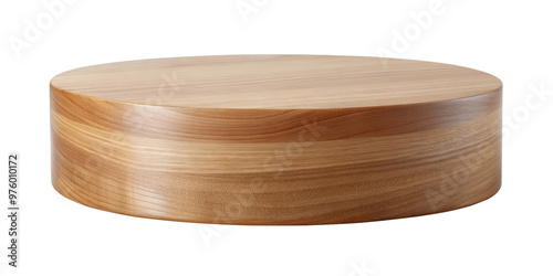 Low wooden display pedestal stand with a polished surface and natural wood texture, perfect for displaying products or decorative items. Isolated on transparent background, png.