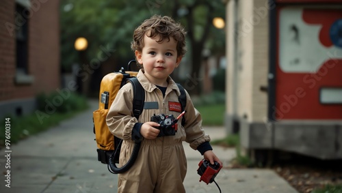 A tiny Ghostbuster dressed in a jumpsuit and proton pack, holding a candy bucket, captured with a nostalgic 28mm Kodak camera effect. photo