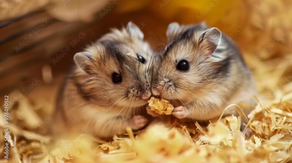 Two Hamsters Sharing a Treat in Their Cozy Habitat Two Hamsters Sharing a Treat in Their Cozy Habitat