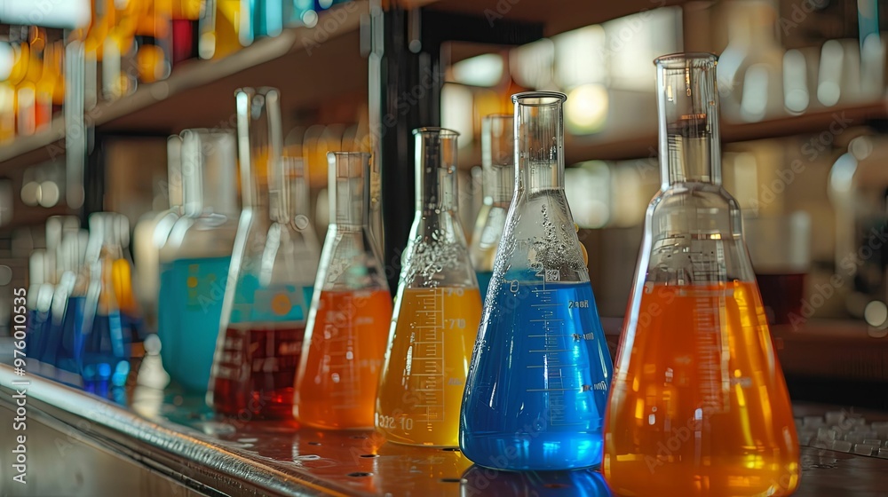 Colorful Chemical Solutions in Glass Flasks on a Shelf Colorful Chemical Solutions in Glass Flasks on a Shelf