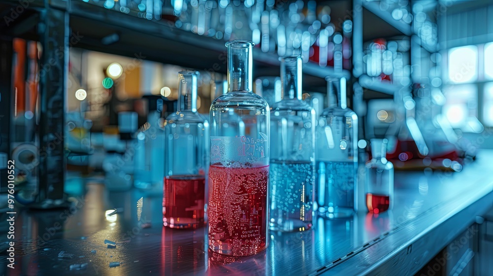 A Close-up of a Glass Beaker Filled with a Vibrant Red Liquid Surrounded by Other Glassware in a Laboratory Setting A Close-up of a Glass Beaker Filled with a Vibrant Red Liquid Surrounded by Other Glassware in a Laboratory Setting