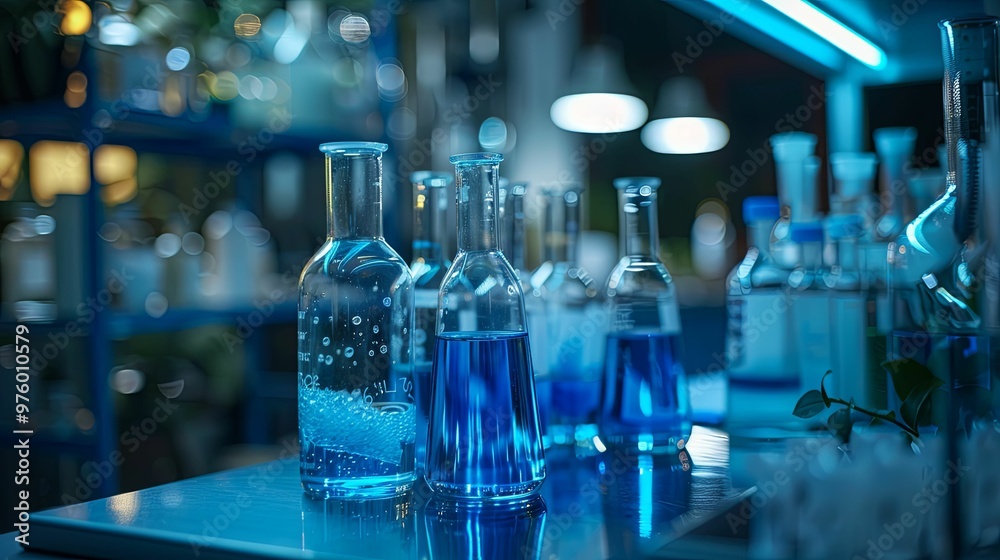 Glass beakers filled with blue liquid in a laboratory setting